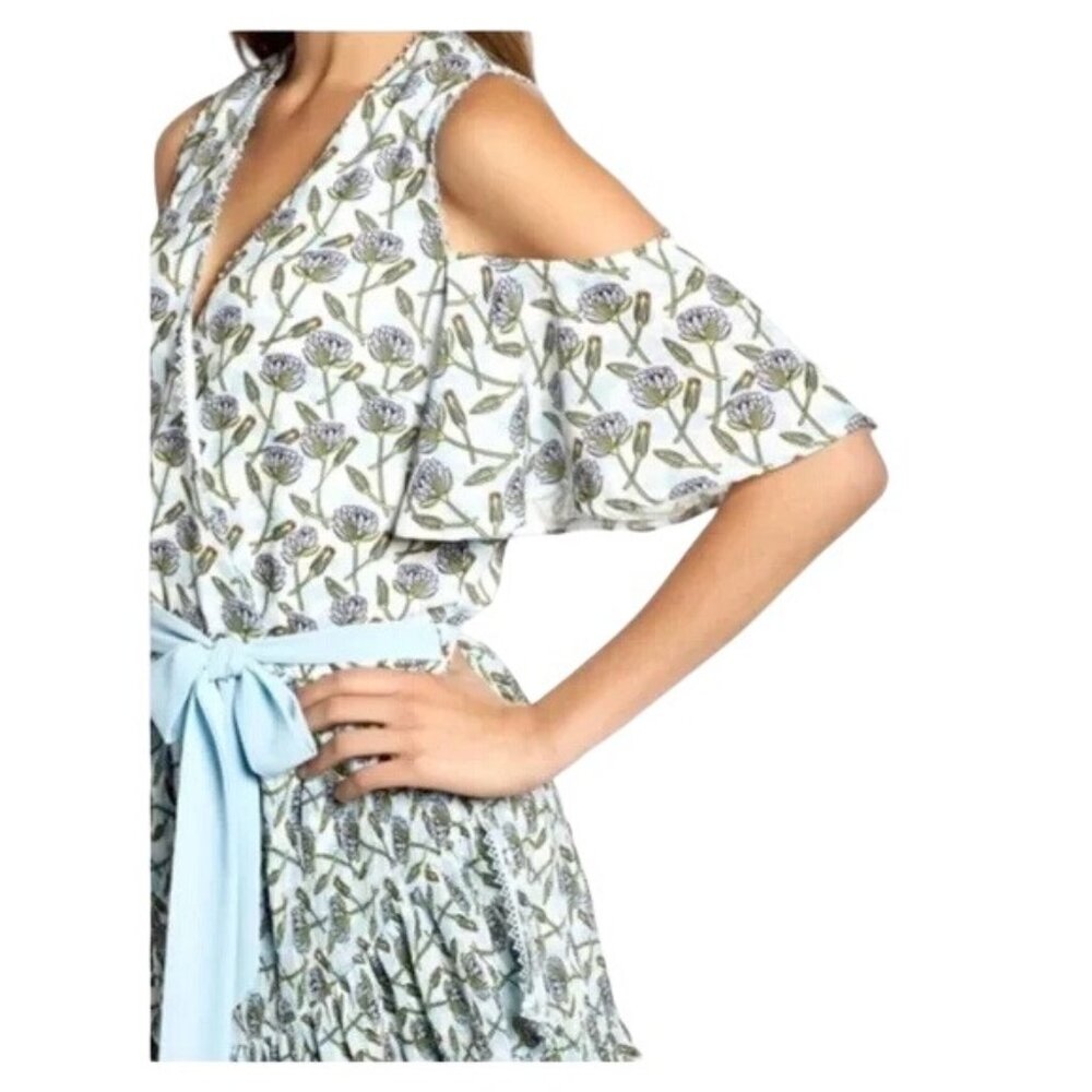 NWT Foxiedox Lexie Cross Floral Cold Shoulder Dress Blue White Belted M